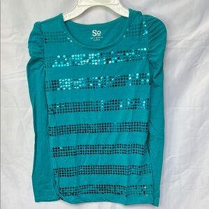 SO Blue Sequin Ruched Long Sleeve Blouse